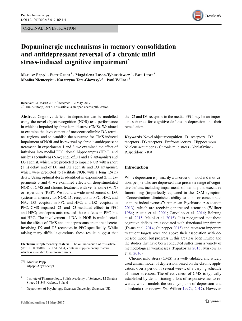 Dopaminergic Mechanisms In Memory Consolidation And Antidepressant ...