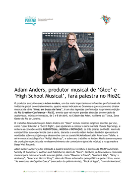 Adam Anders, Produtor Musical De ‘Glee’ E ‘High School Musical’, Fará Palestra No Rio2c