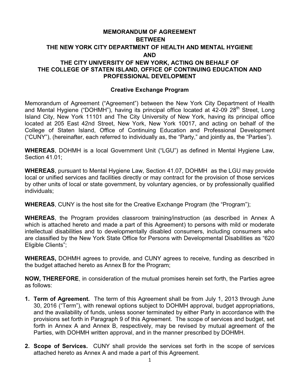 Memorandum of Agreement Between the New York City Department of Health and Mental Hygiene and the City University of New York, A