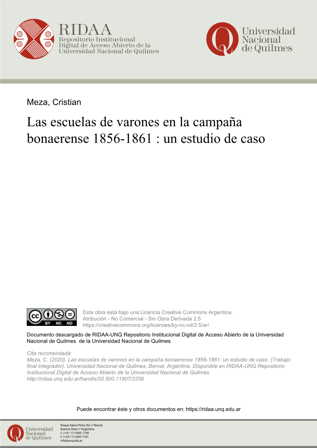 Las Escuelas De Varones En La Campaña Bonaerense 1856-1861 : Un Estudio De Caso