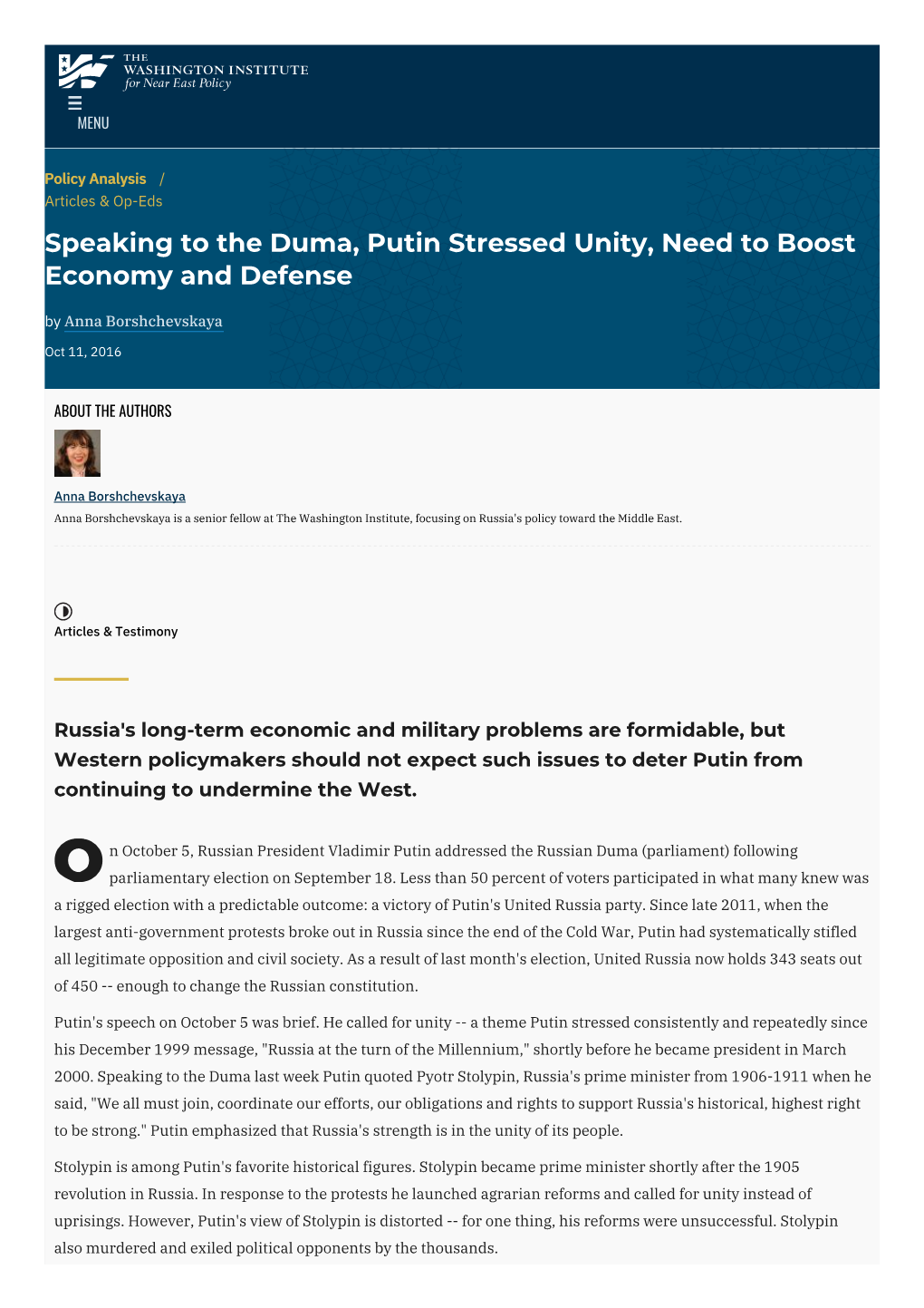 Speaking to the Duma, Putin Stressed Unity, Need to Boost Economy and Defense | the Washington Institute
