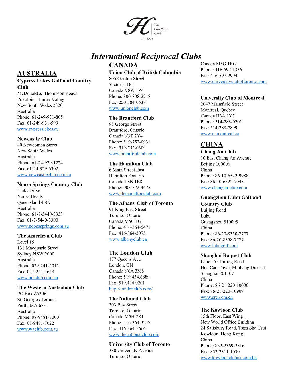 International Reciprocal Clubs