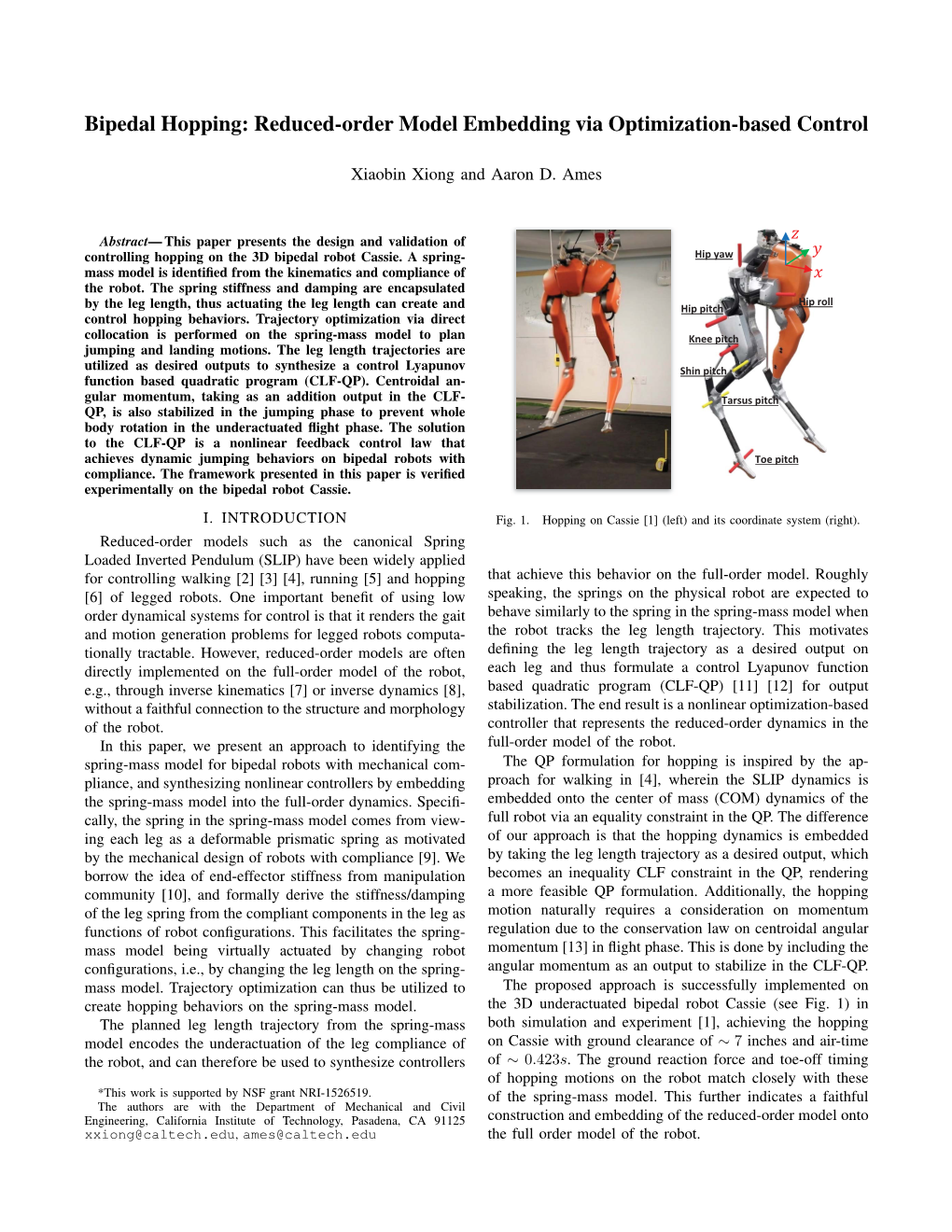 Bipedal Hopping: Reduced-Order Model Embedding Via Optimization-Based Control