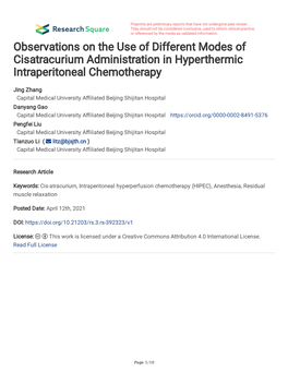 Observations on the Use of Different Modes of Cisatracurium Administration in Hyperthermic Intraperitoneal Chemotherapy