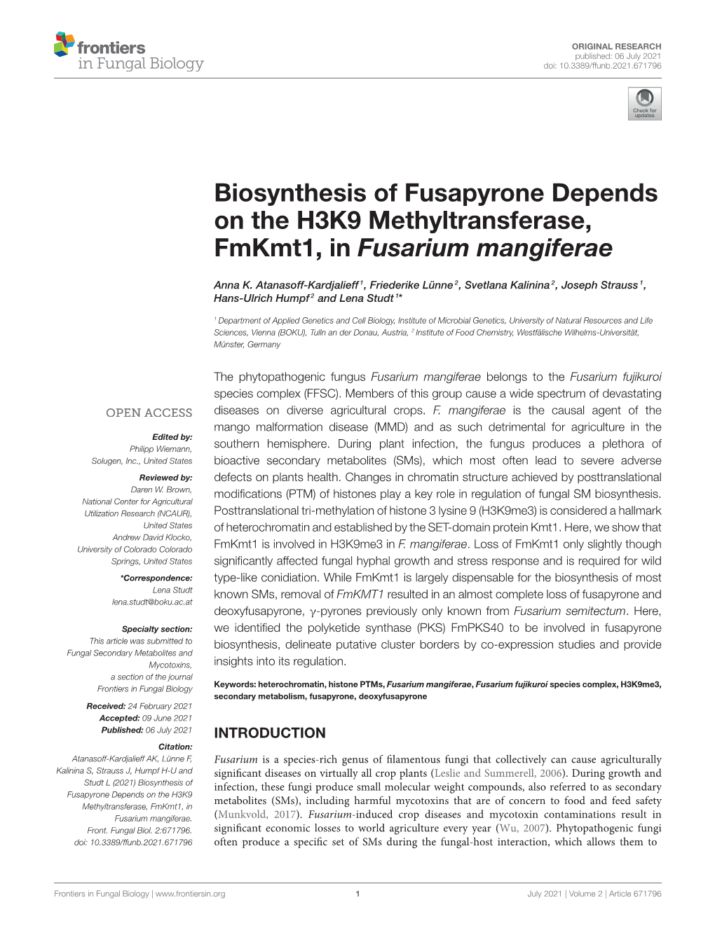 Biosynthesis of Fusapyrone Depends on the H3K9 Methyltransferase, Fmkmt1, in Fusarium Mangiferae