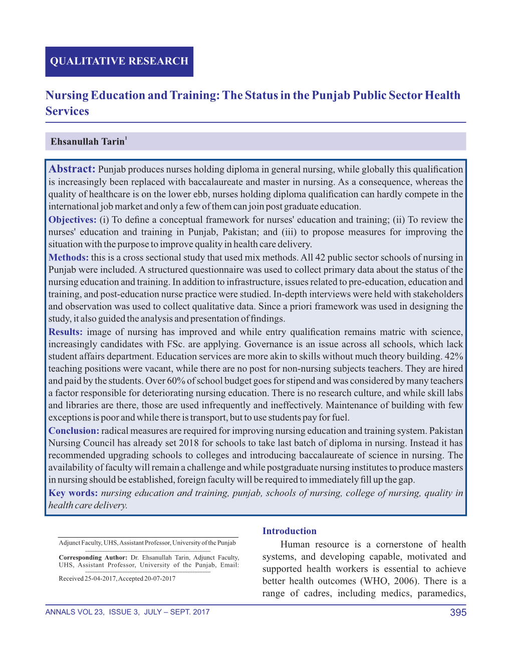 Nursing Education and Training: the Status in the Punjab Public Sector Health Services