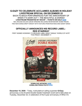 G-Eazy to Celebrate Acclaimed Albums in Holiday Livestream Special on December 22 Officially Announces His Record Label: Red St