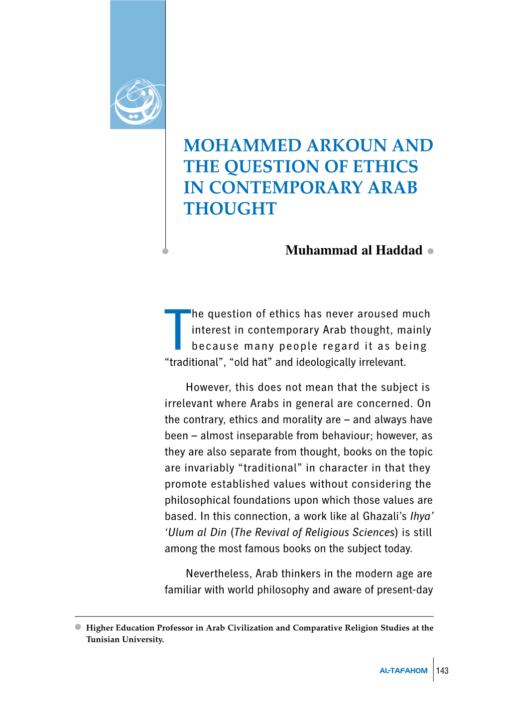 Mohammed Arkoun and the Question of Ethics in Contemporary Arab Thought