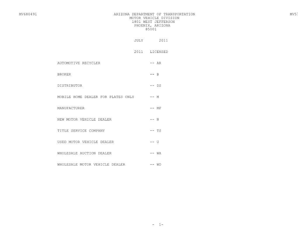 Mv680491 Arizona Department of Transportation Mv579d Motor Vehicle Division 1801 West Jefferson Phoenix, Arizona 85001 July 2011