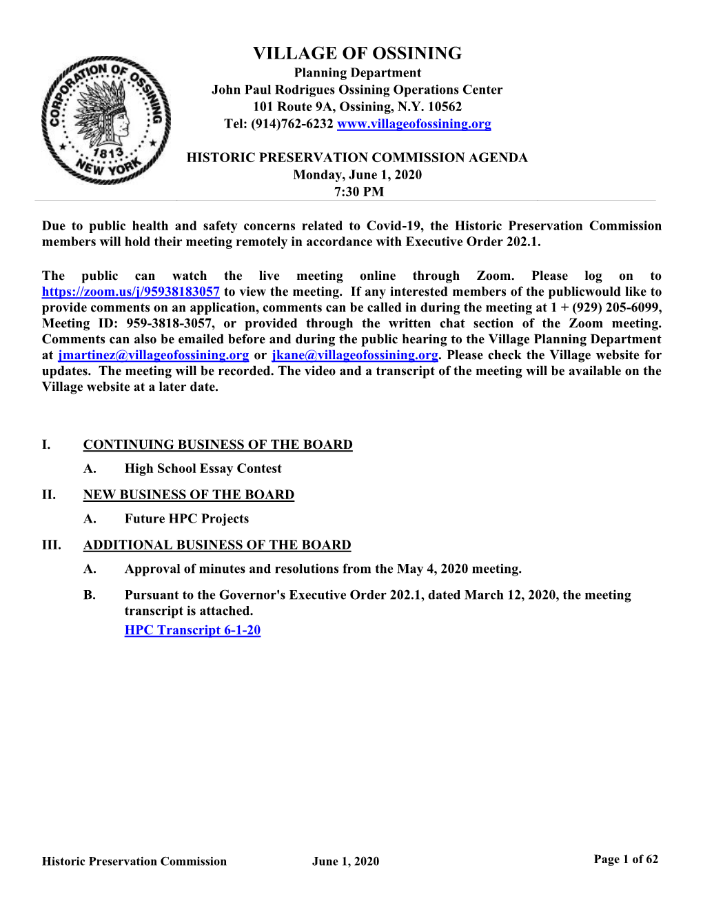 HISTORIC PRESERVATION COMMISSION AGENDA Monday, June 1, 2020 7:30 PM