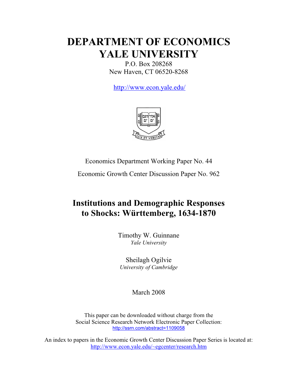 Institutions and Demographic Responses to Shocks: Württemberg, 1634-1870