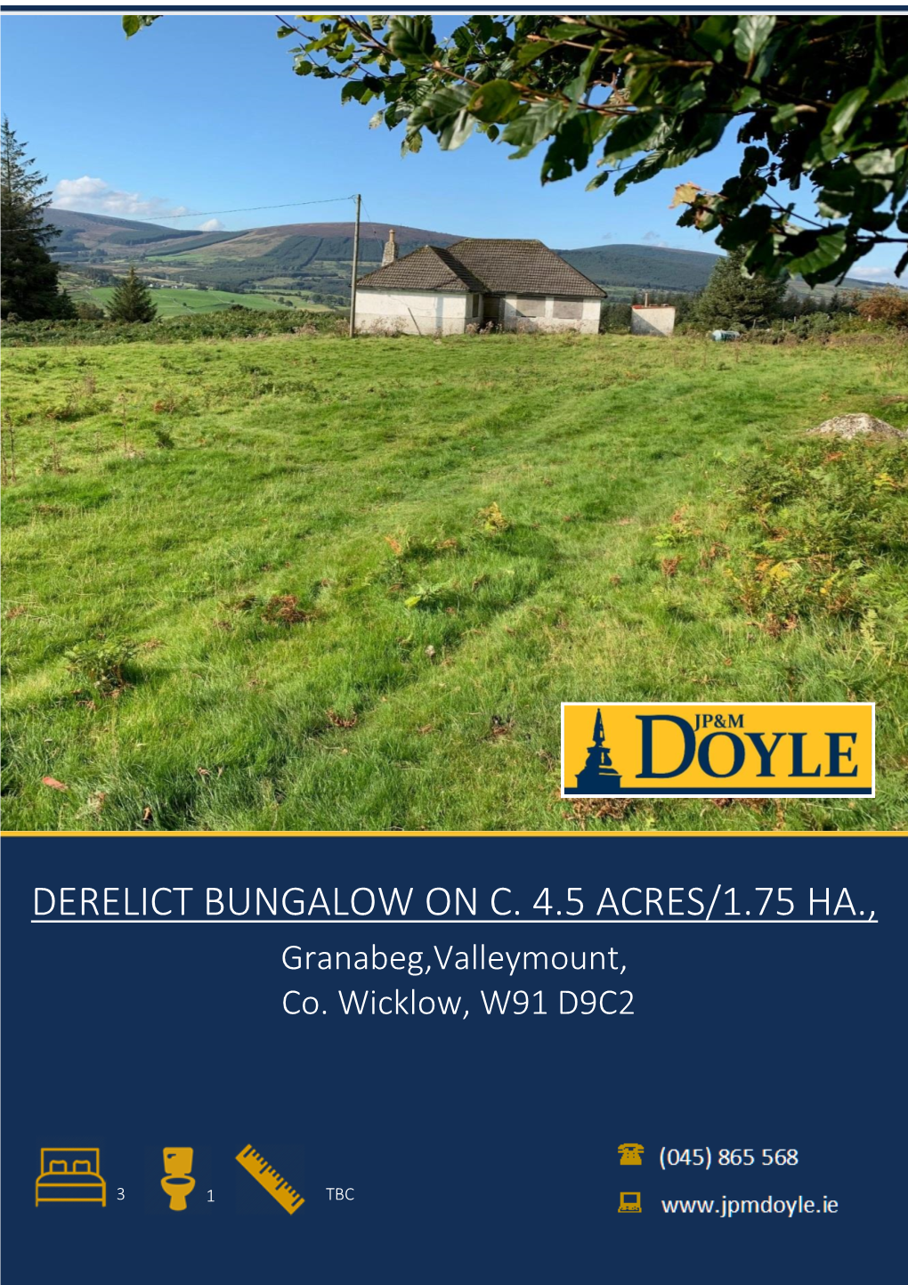 DERELICT BUNGALOW on C. 4.5 ACRES/1.75 HA., Granabeg,Valleymount, Co