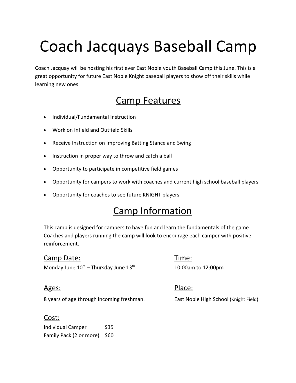 Coach Jacquays Baseball Camp