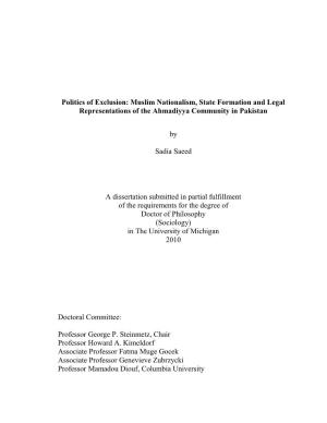 Muslim Nationalism, State Formation and Legal Representations of the Ahmadiyya Community in Pakistan