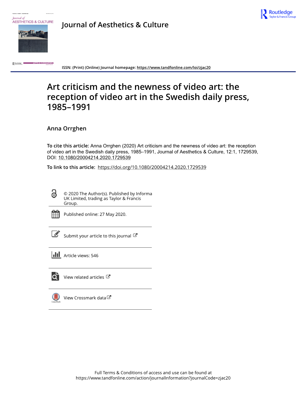 The Reception of Video Art in the Swedish Daily Press, 1985–1991