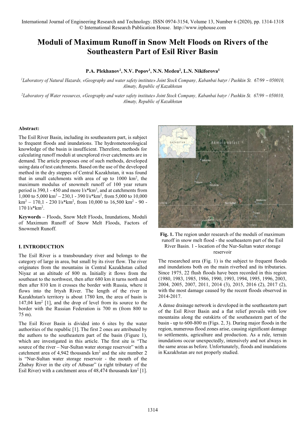 Moduli of Maximum Runoff in Snow Melt Floods on Rivers of the Southeastern Part of Esil River Basin