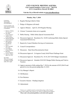 CITY COUNCIL MEETING AGENDA City Council Chambers, Lower Level – 7:00 P.M