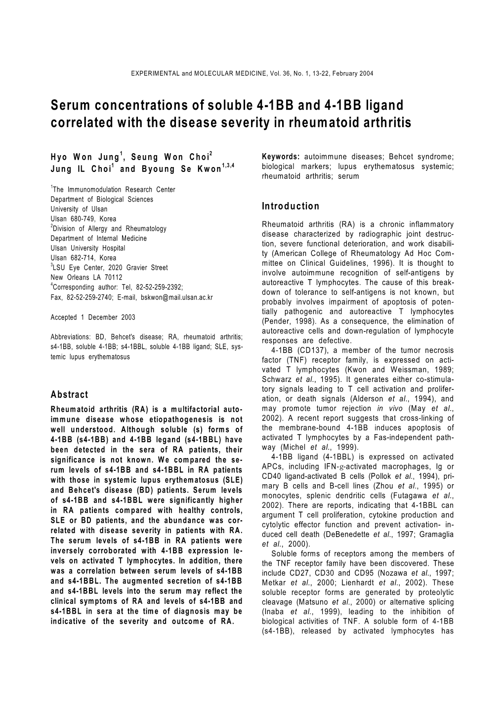 Serum Concentrations of Soluble 4-1BB and 4-1BB Ligand Correlated with the Disease Severity in Rheumatoid Arthritis