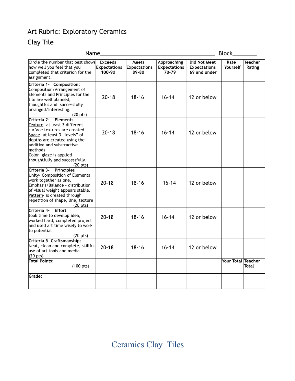 Art Rubric: Exploratory Ceramics