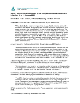 Sudan - Researched and Compiled by the Refugee Documentation Centre of Ireland on 10 to 13 January 2012