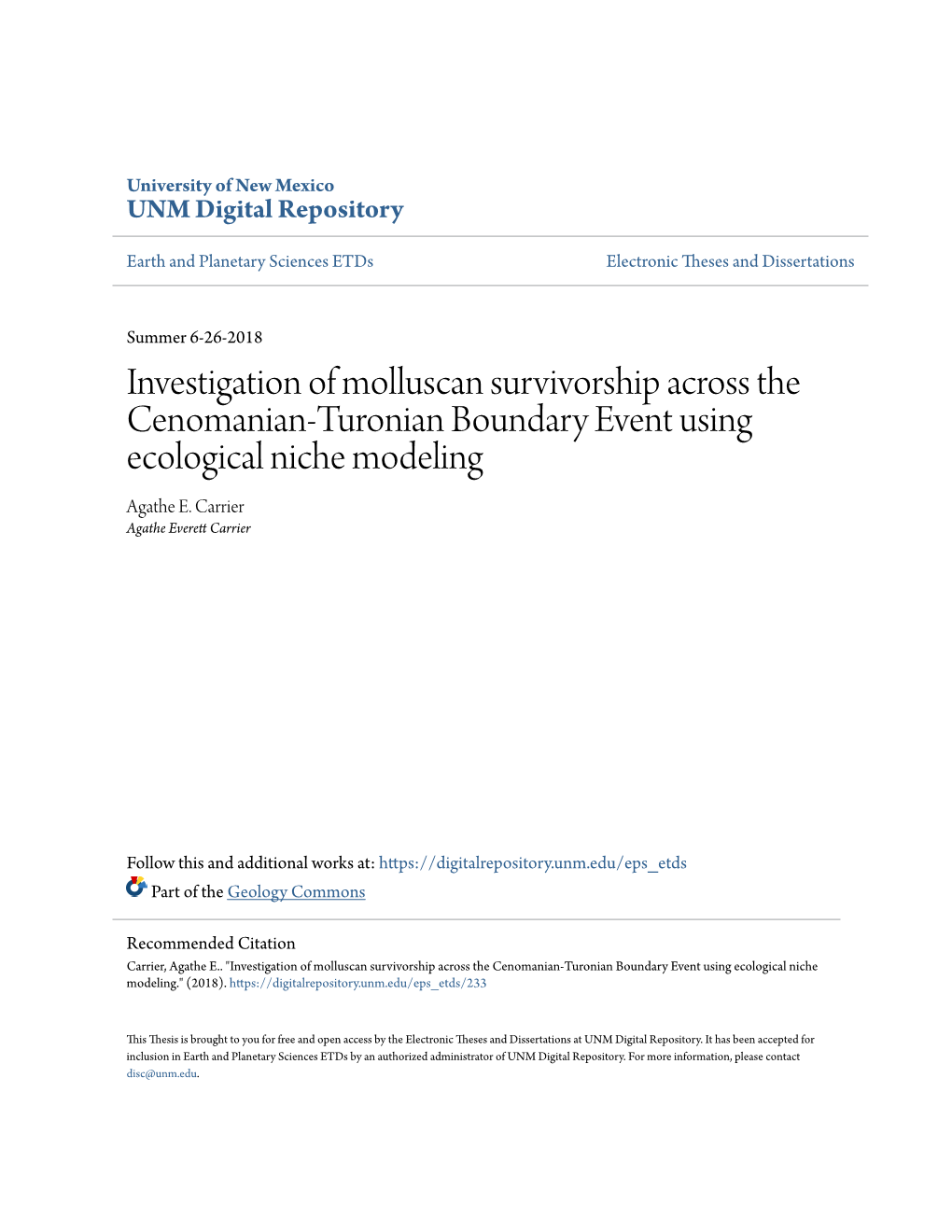 Investigation of Molluscan Survivorship Across the Cenomanian-Turonian Boundary Event Using Ecological Niche Modeling Agathe E