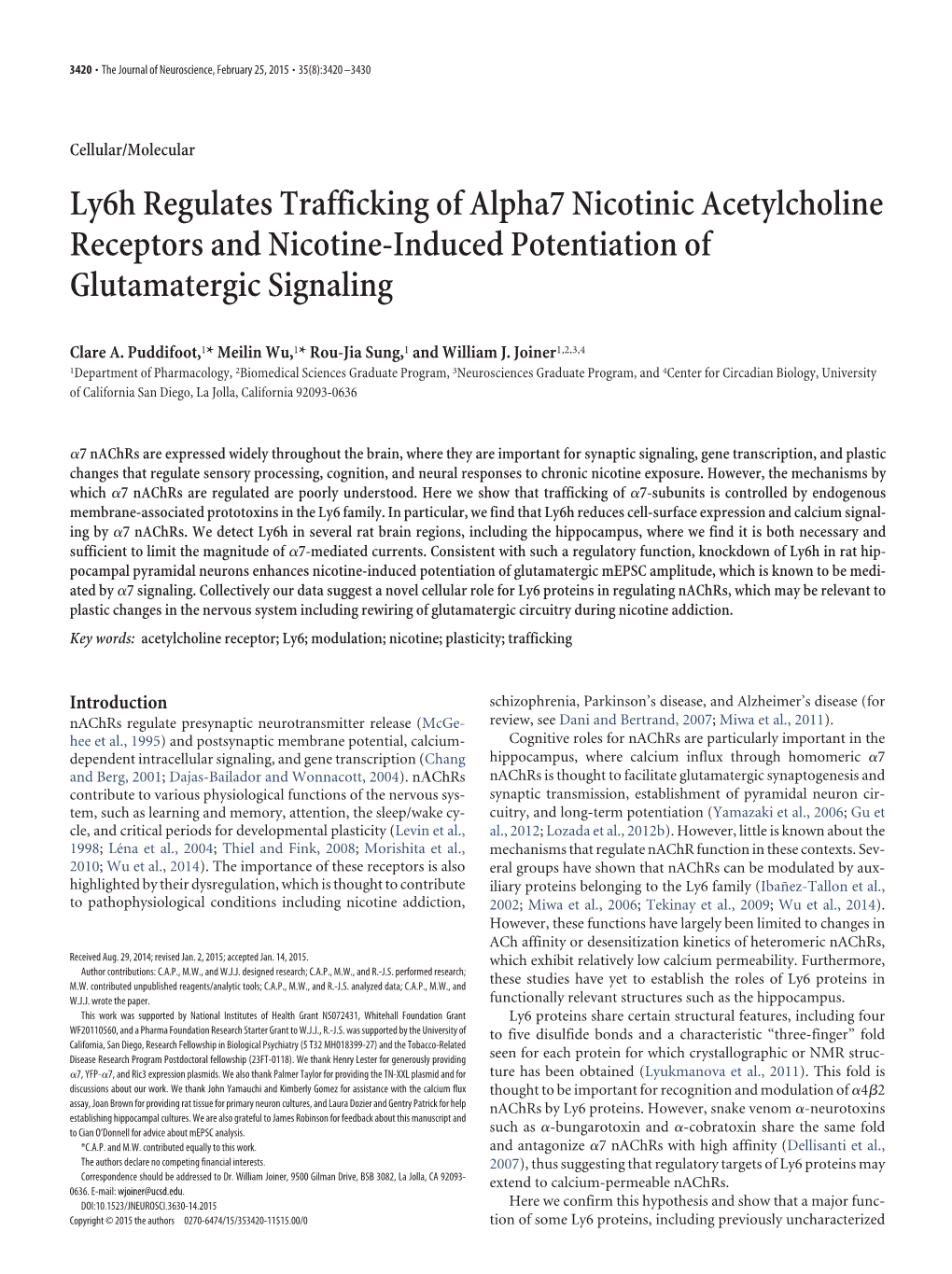 Ly6h Regulates Trafficking of Alpha7 Nicotinic Acetylcholine Receptors and Nicotine-Induced Potentiation of Glutamatergic Signaling