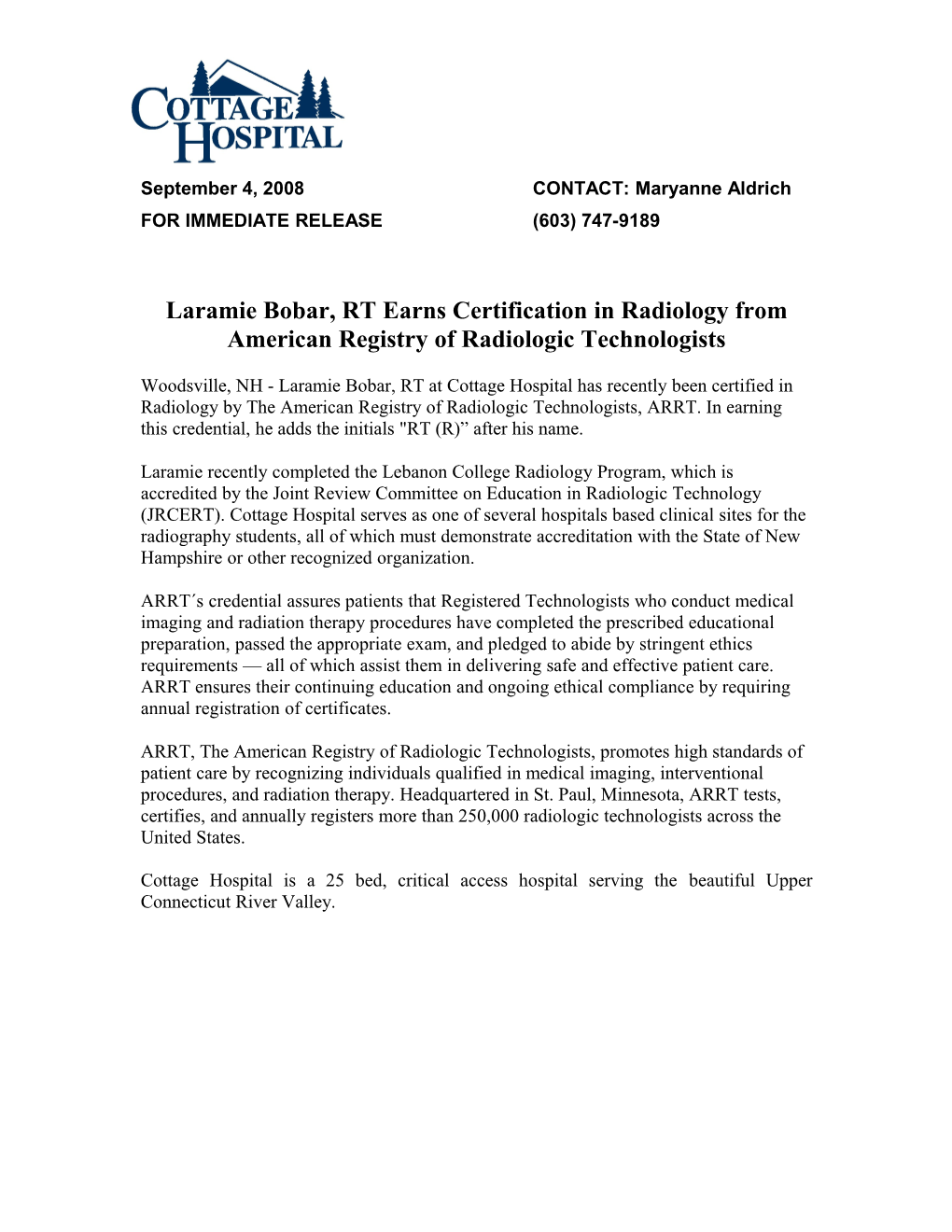 Laramie Bobar, RT Earns Certification in Radiology from American Registry of Radiologic