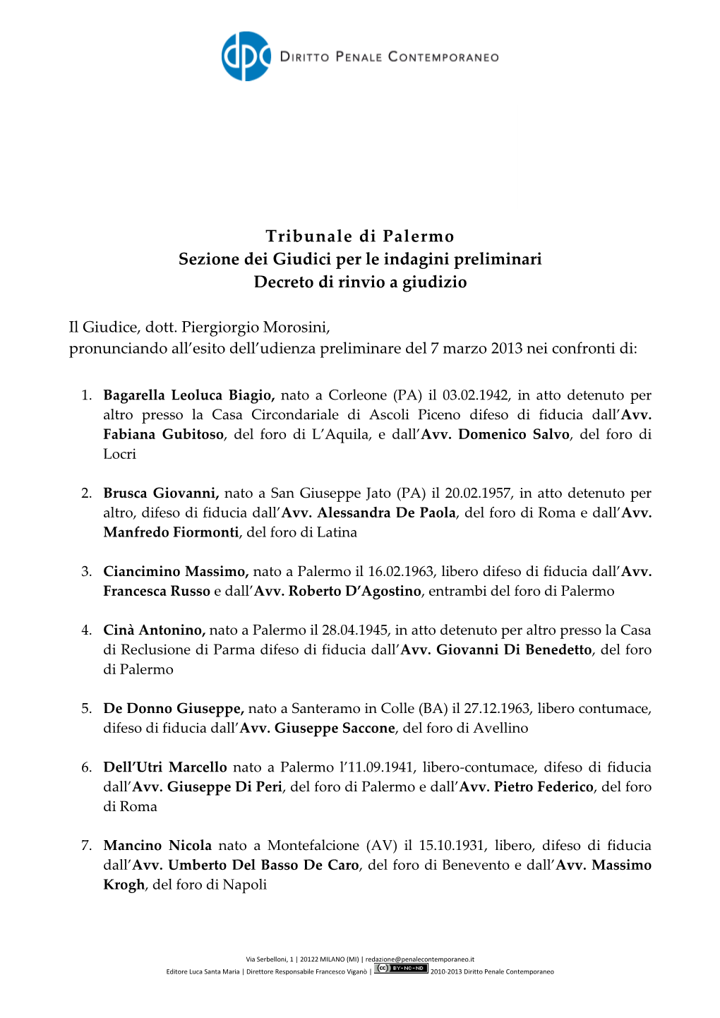 Tribunale Di Palermo Sezione Dei Giudici Per Le Indagini Preliminari Decreto Di Rinvio a Giudizio