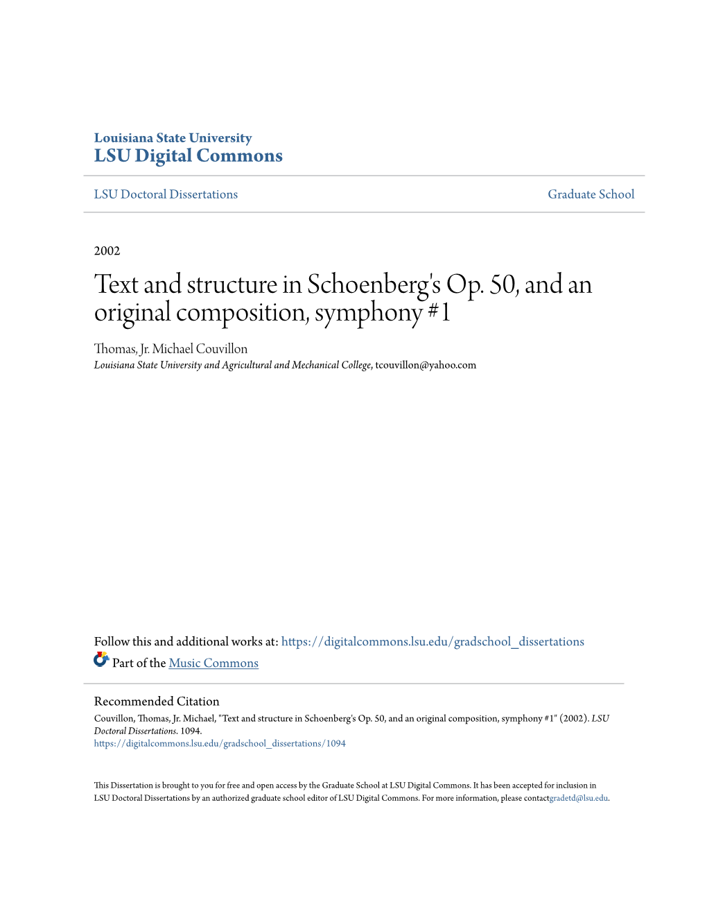 Text and Structure in Schoenberg's Op. 50, and an Original Composition, Symphony #1 Thomas, Jr