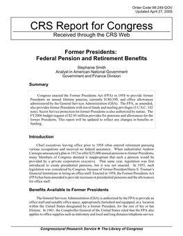 Former Presidents: Federal Pension and Retirement Benefits