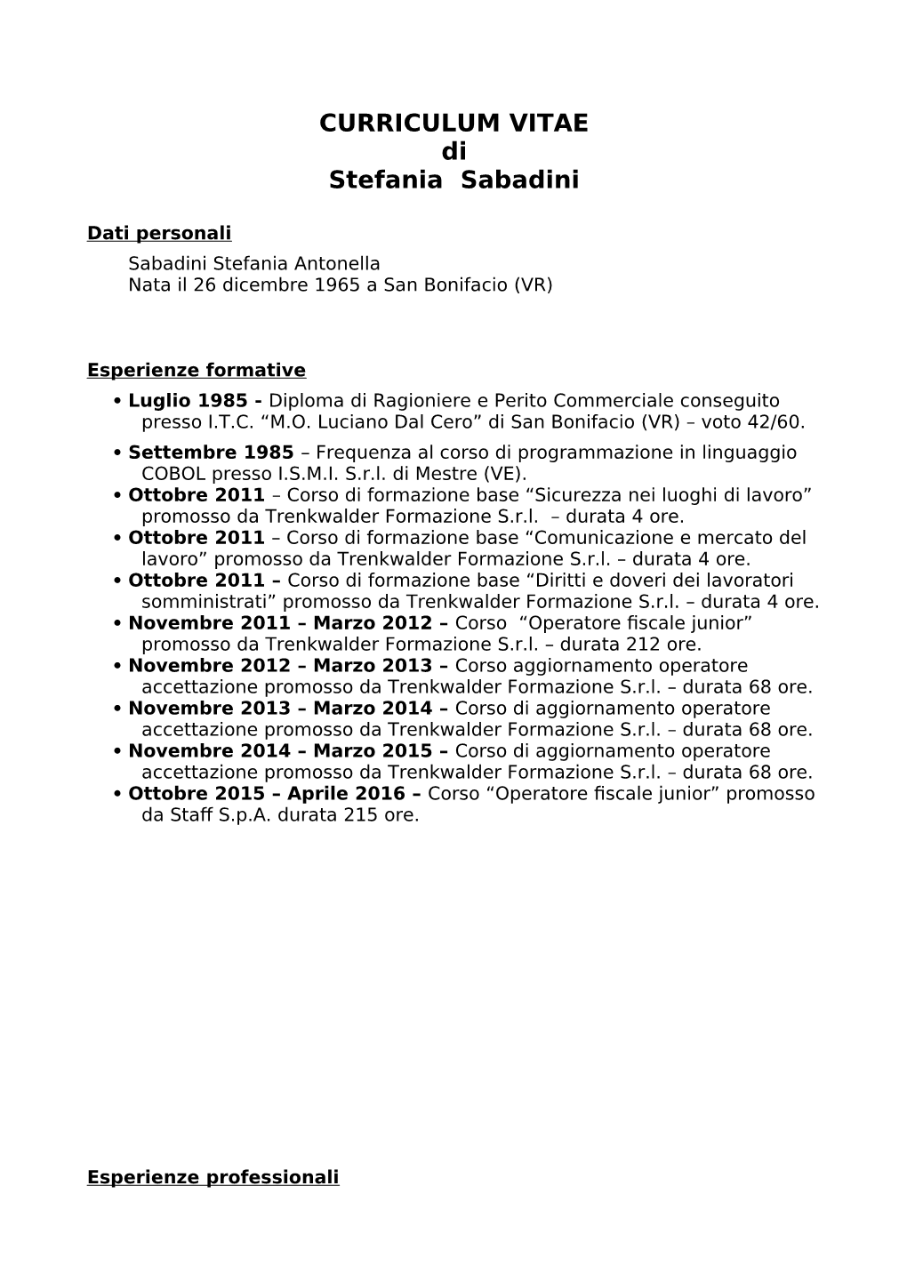 CURRICULUM VITAE Di Stefania Sabadini