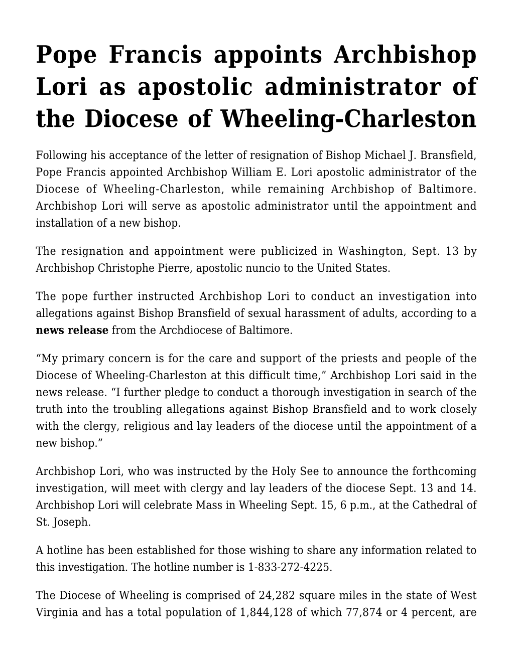 Pope Francis Appoints Archbishop Lori As Apostolic Administrator of the Diocese of Wheeling-Charleston