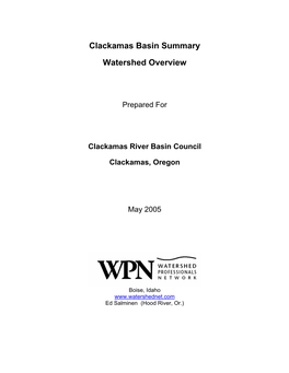 Clackamas Basin Summary Watershed Overview