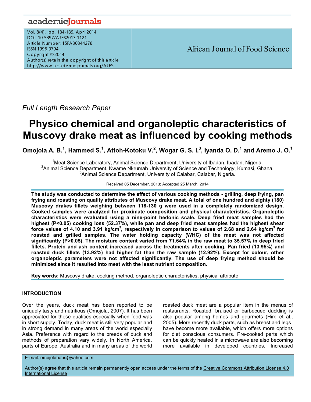 Physico Chemical and Organoleptic Characteristics of Muscovy Drake Meat As Influenced by Cooking Methods