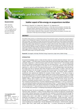 Subtler Aspect of Bio-Energy on Acupuncture Meridian ISSN: 2454-5023 Sonu Maurya1, Divya B.R.2, Dr