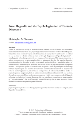 Israel Regardie and the Psychologization of Esoteric Discourse