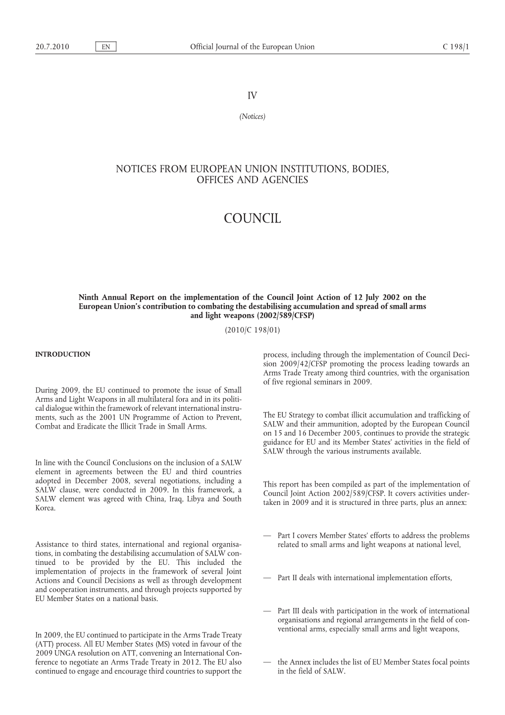 Ninth Annual Report on the Implementation of the Council Joint