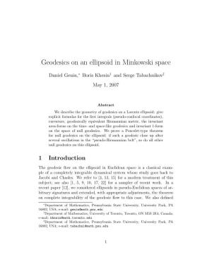 Geodesics on an Ellipsoid in Minkowski Space