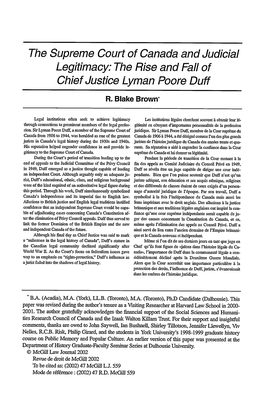 The Supreme Court of Canada and Judicial Legitimacy: the Rise and Fall of Chief Justice Lyman Poore Duff