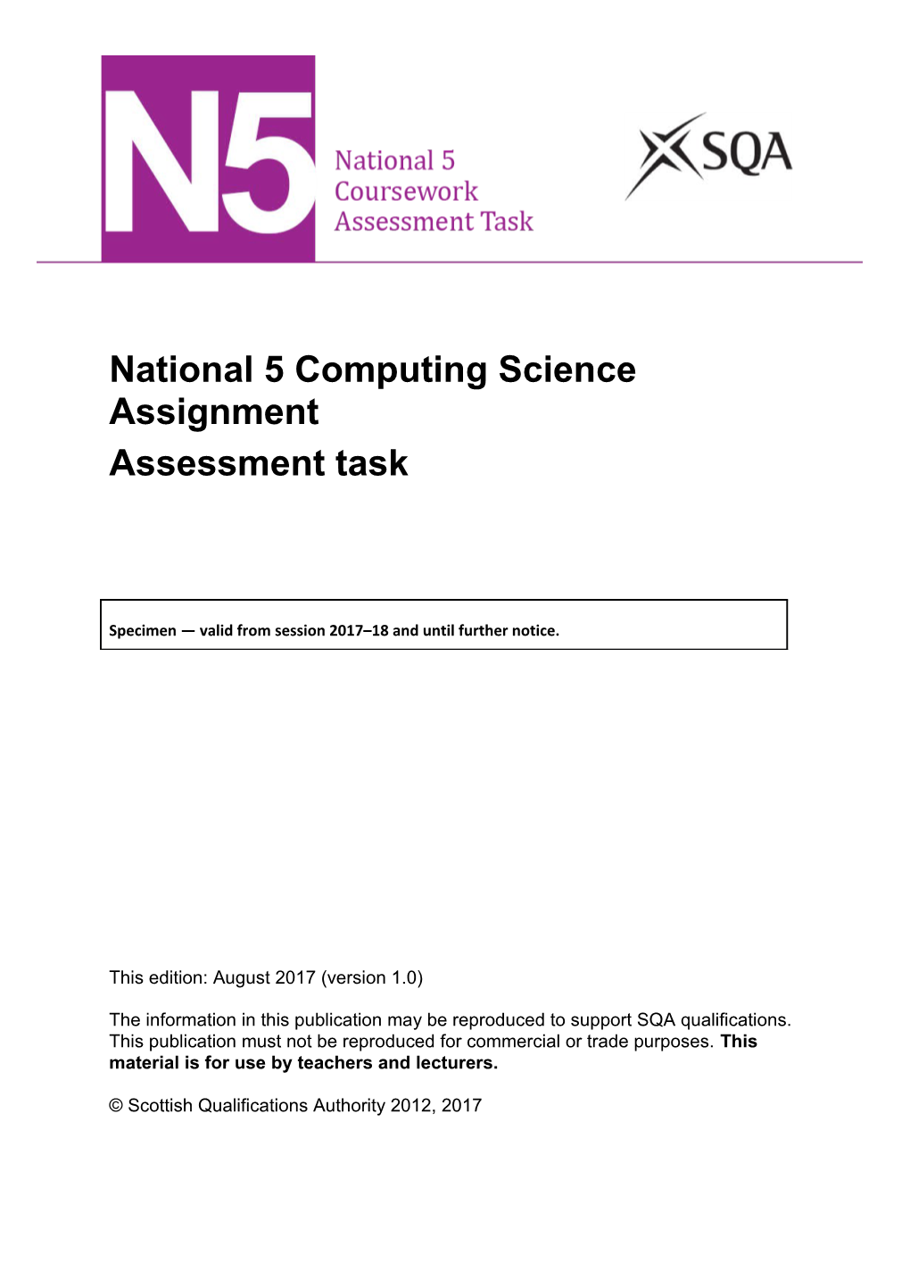 Specimen Coursework Assessment Task for National 5 Computing Science