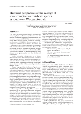 Historical Perspectives of the Ecology of Some Conspicuous Vertebrate Species in South-West Western Australia