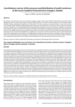 A Preliminary Survey of the Presence and Distribution of Small Carnivores in the Lower Zambezi Protected Area Complex, Zambia