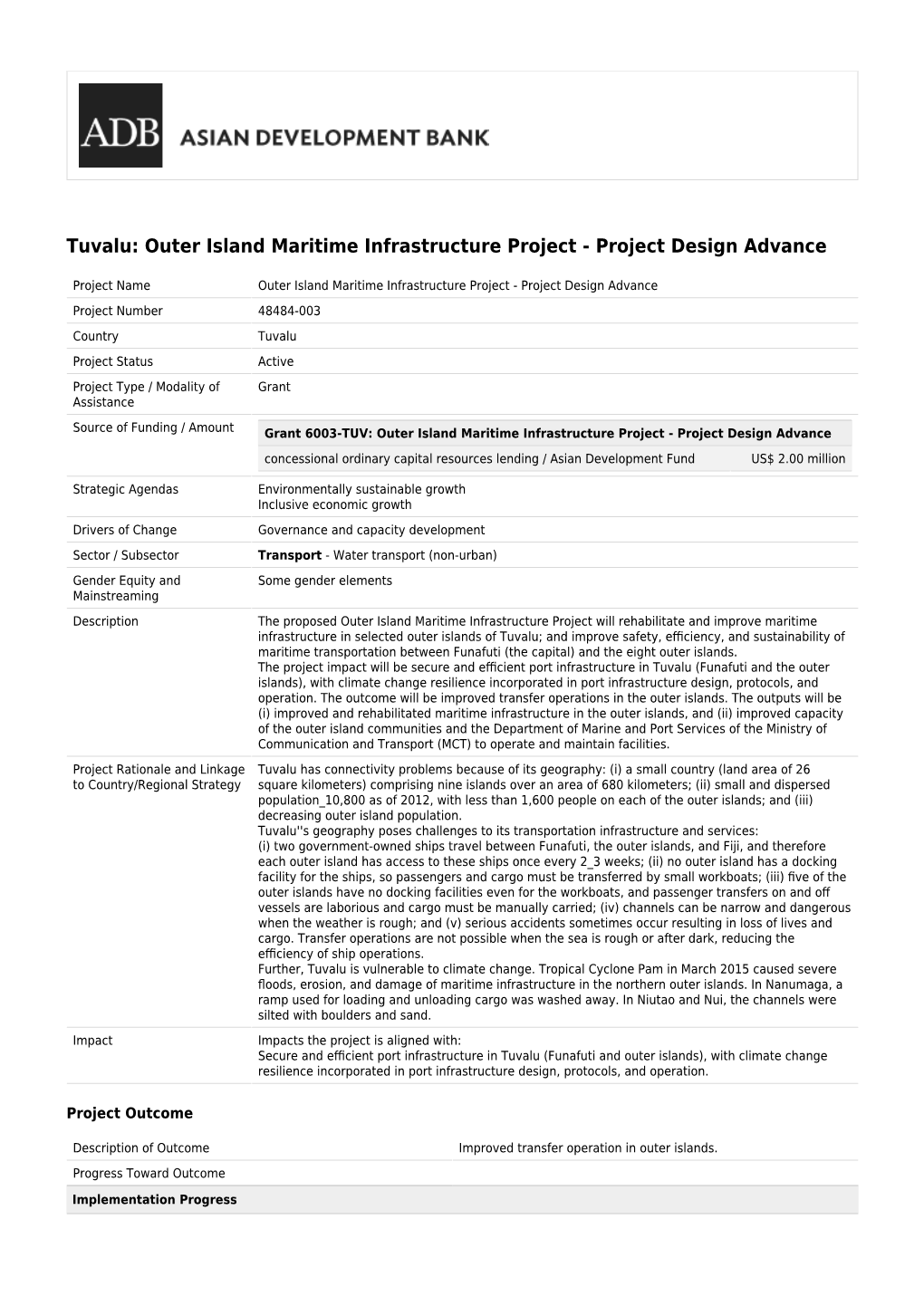 Outer Island Maritime Infrastructure Project - Project Design Advance