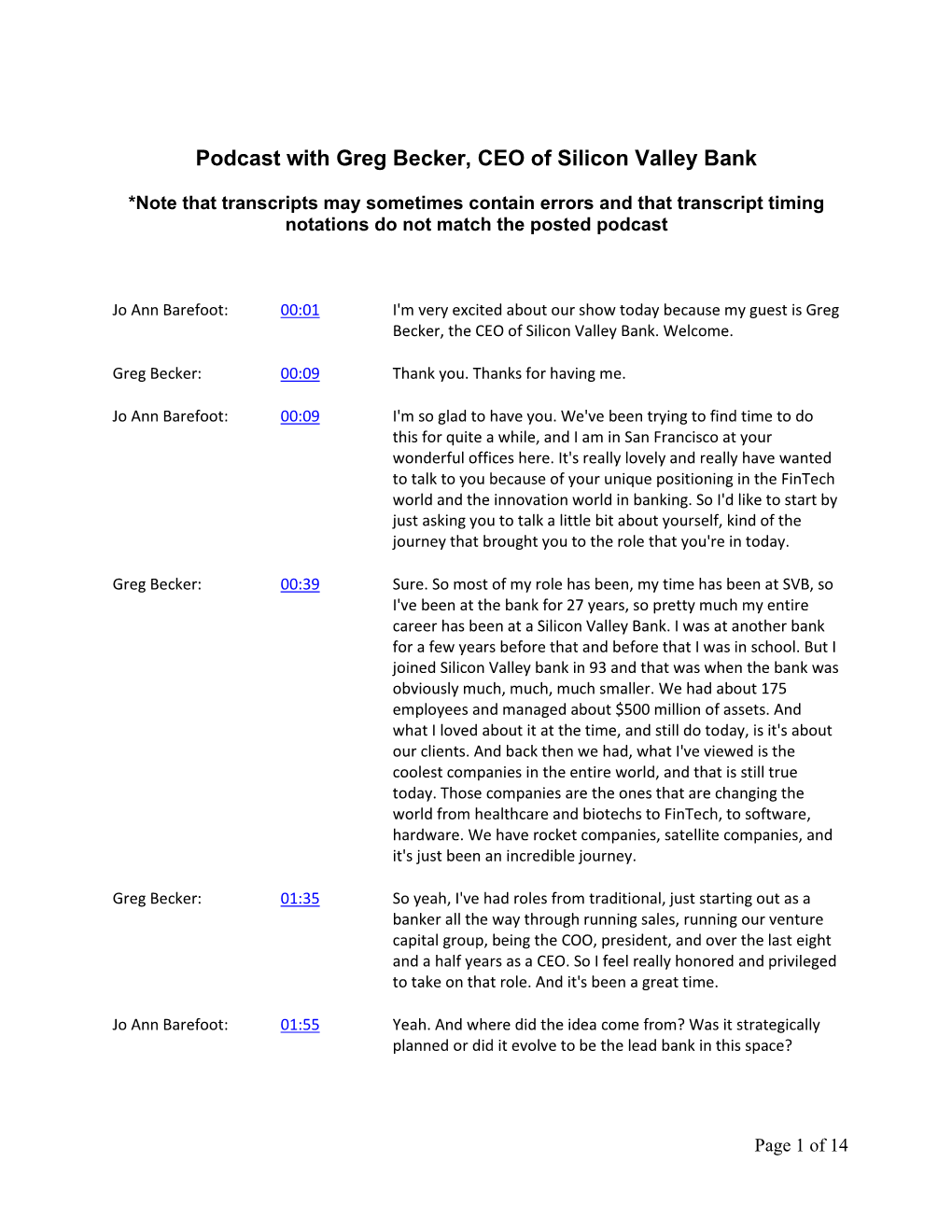 Podcast with Greg Becker, CEO of Silicon Valley Bank