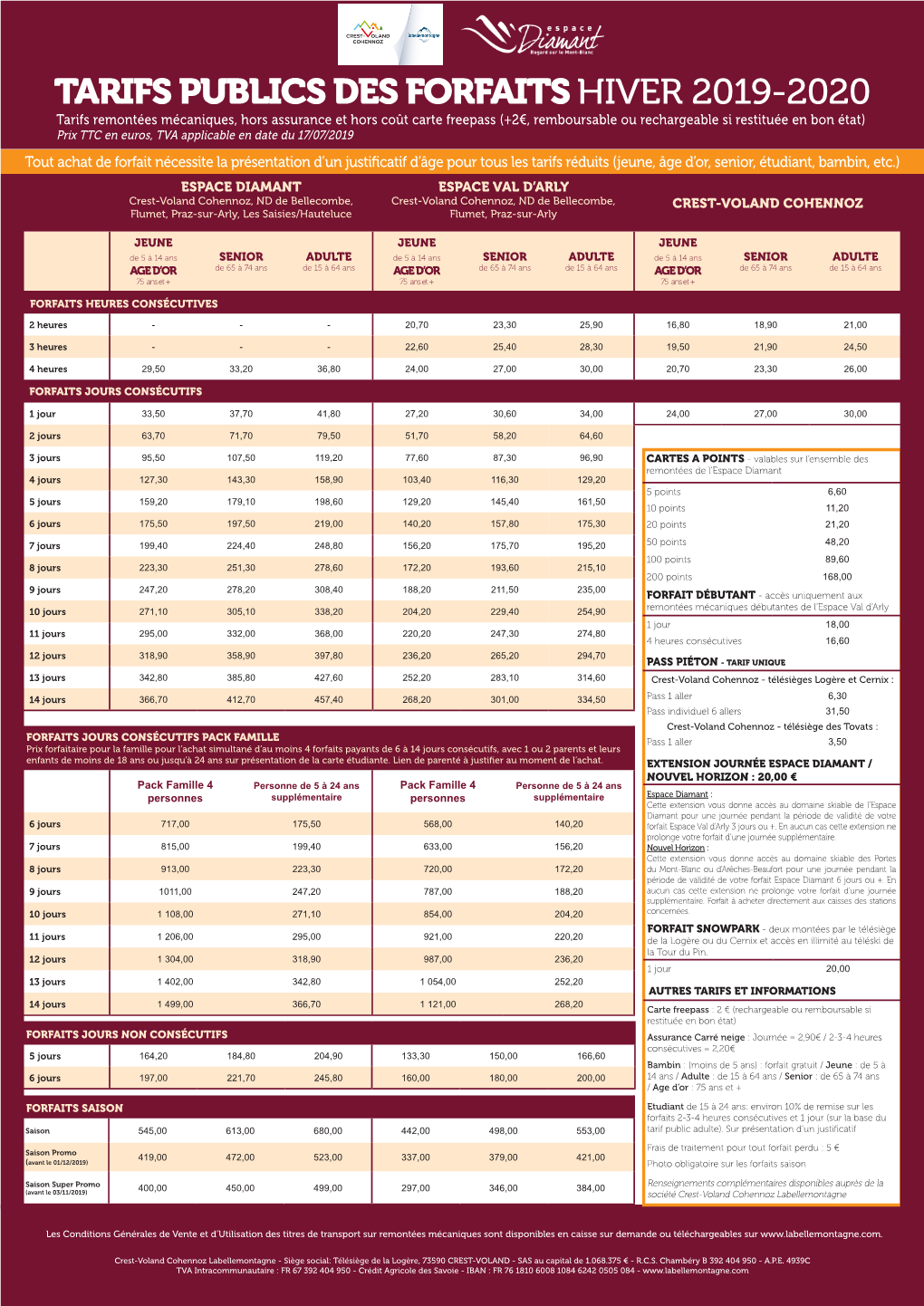 Espace Diamant Tarifs Hiver 2019/2020