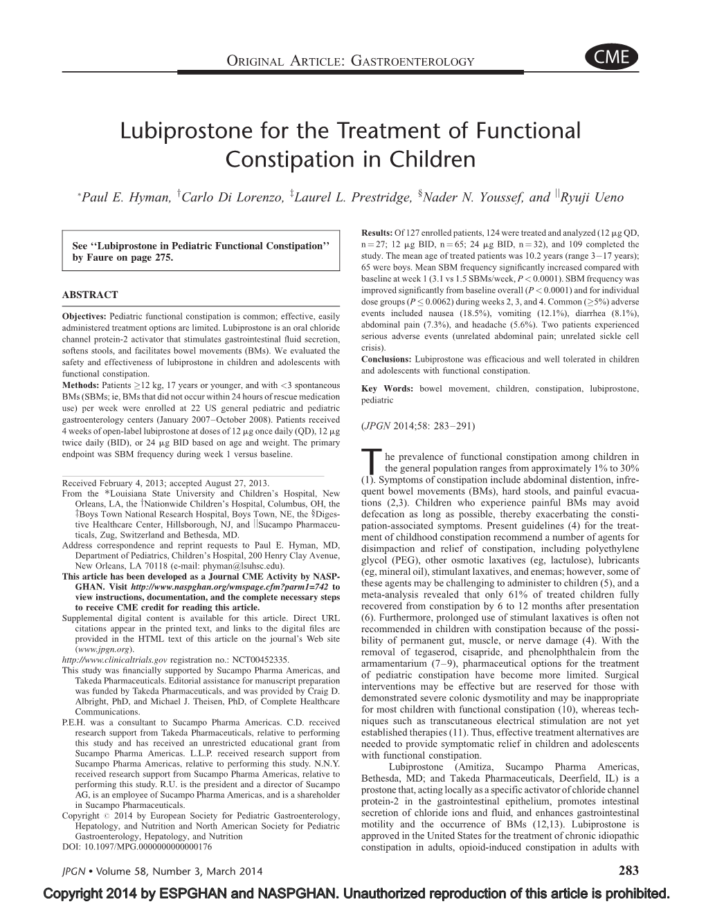 Lubiprostone for the Treatment of Functional Constipation in Children