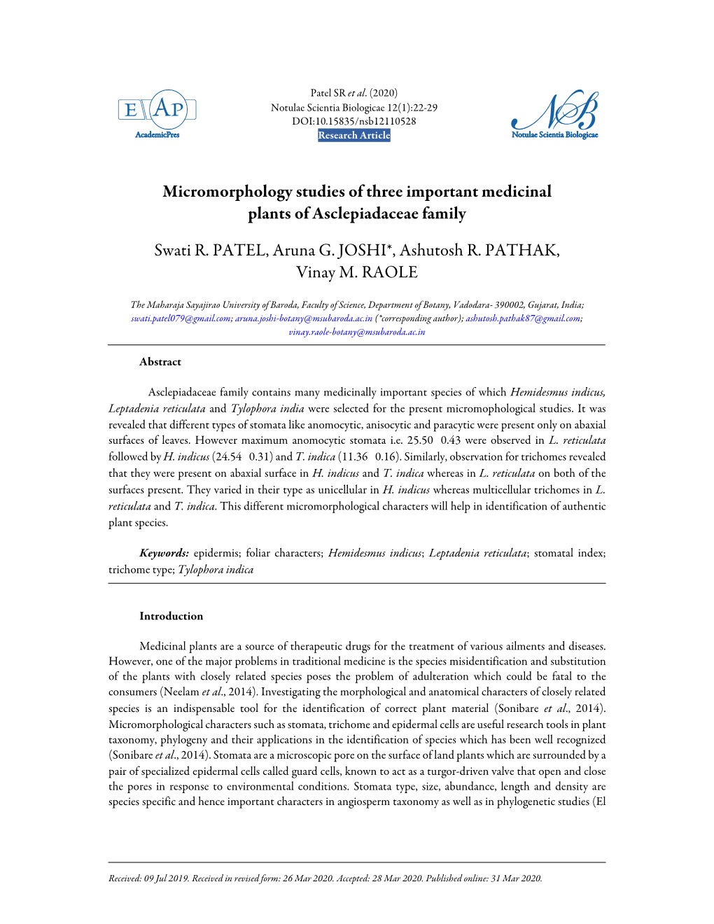 Micromorphology Studies of Three Important Medicinal Plants of Asclepiadaceae Family