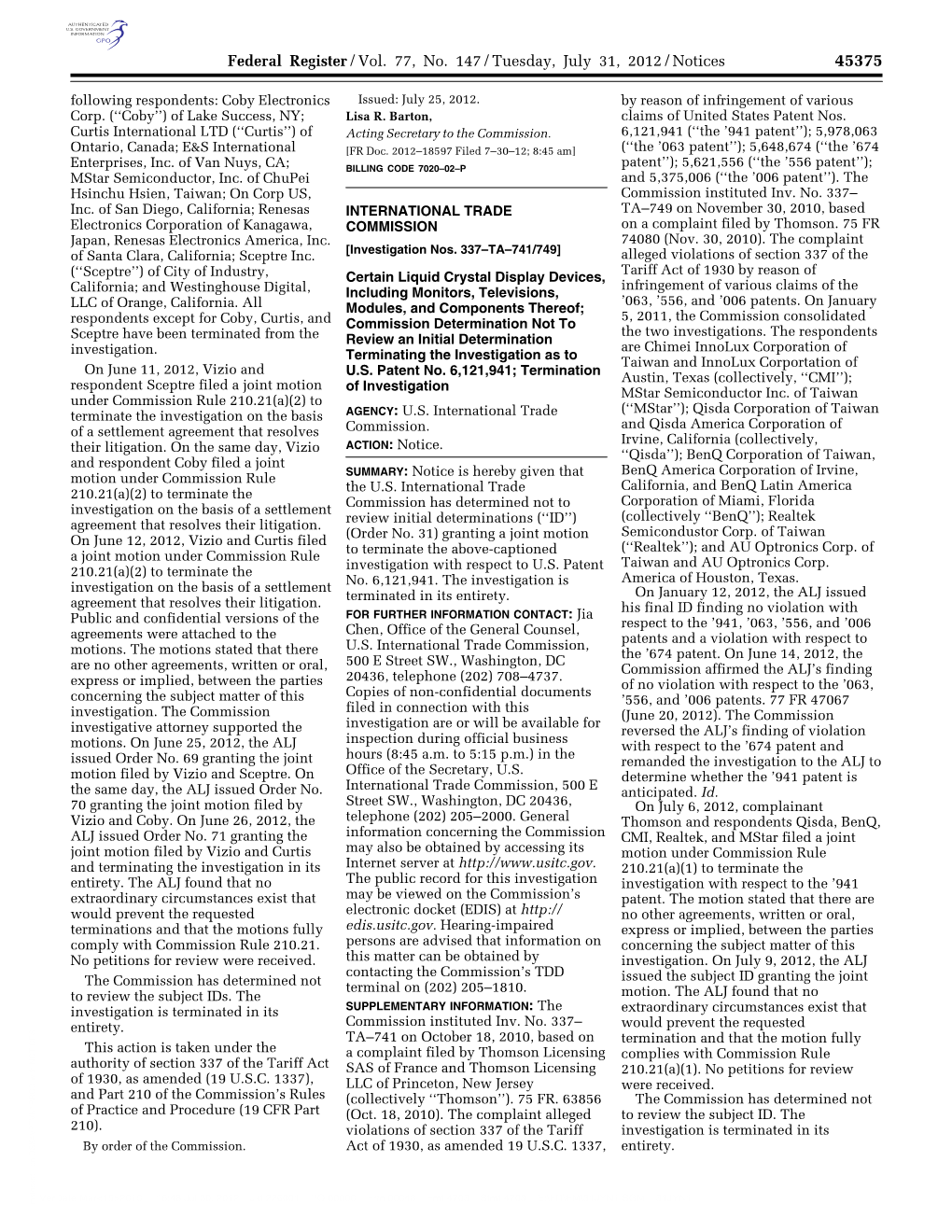 Federal Register/Vol. 77, No. 147/Tuesday, July 31, 2012/Notices