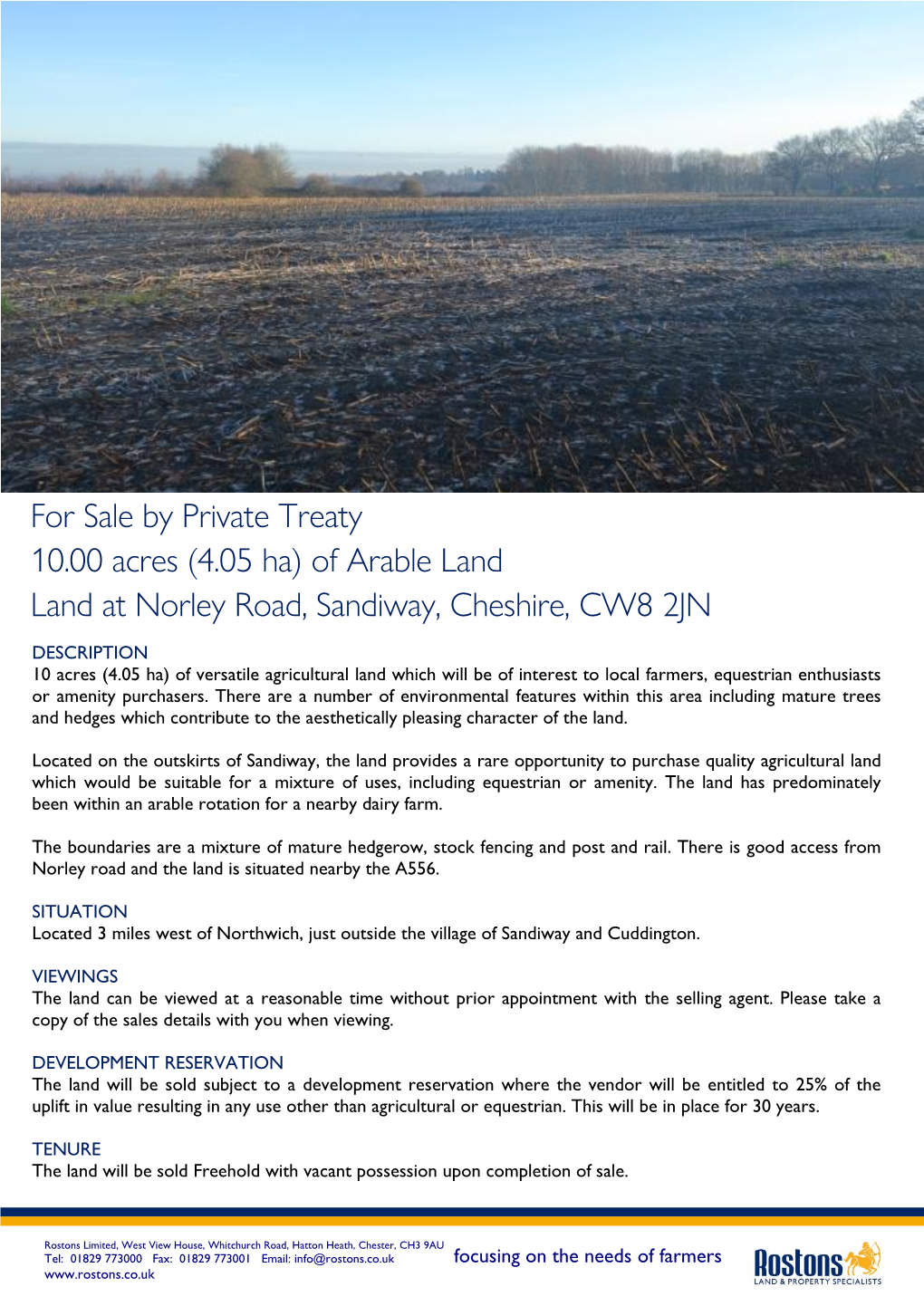Of Arable Land Land at Norley Road, Sandiway, Cheshire, CW8
