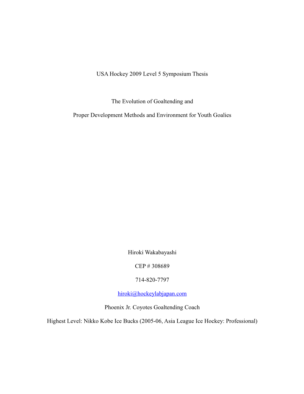 USA Hockey 2009 Level 5 Symposium Thesis